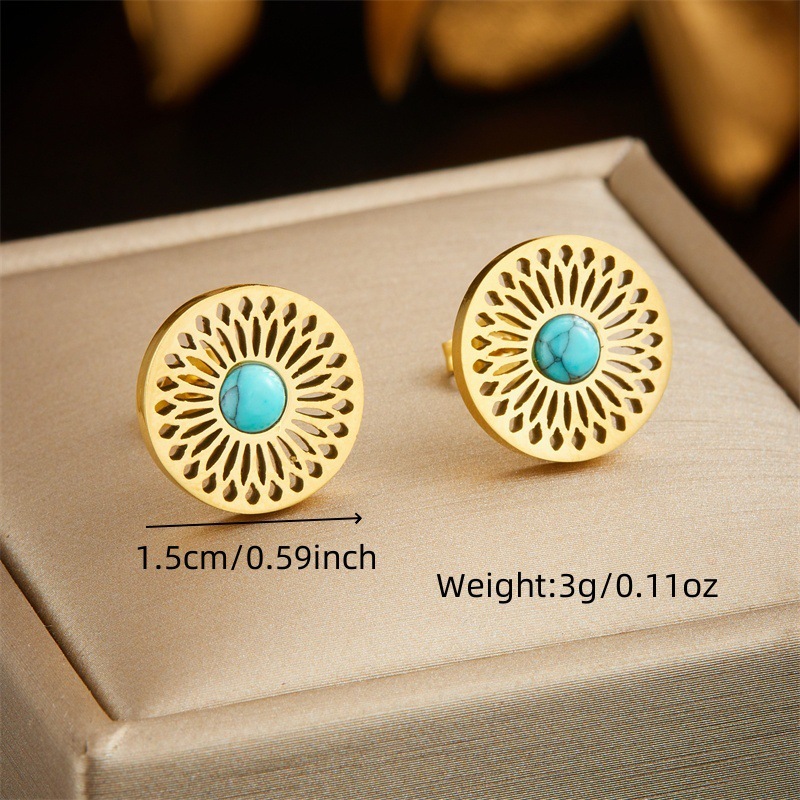 European and American niche style retro ethnic style hollowed-out pattern turquoise inlaid stainless steel earrings and necklace set