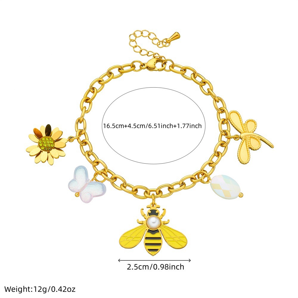 New cross-border product: Gold-plated multi-element accessories, insect and animal pendant, butterfly, bee, flower, stainless steel chain bracelet.