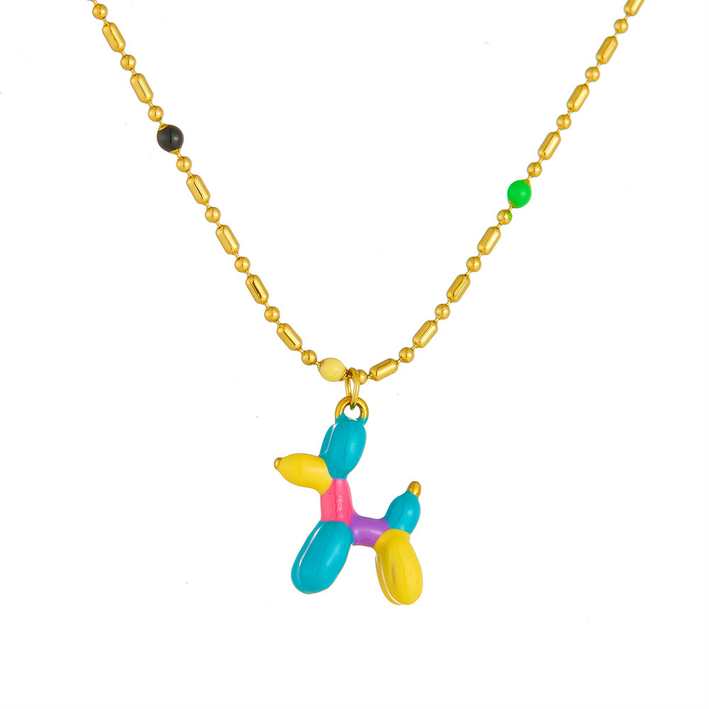 Korean style cartoon dripping colored balloon dog cute 3D dog pendant round bead chain stainless steel necklace