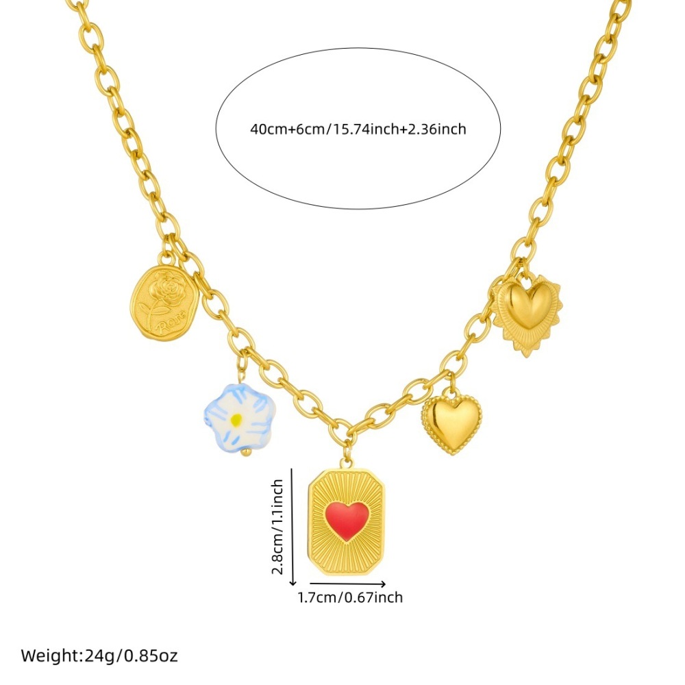 Cross-border niche fashion multi-element pendant ceramic flower drip red heart square pendant chain necklace