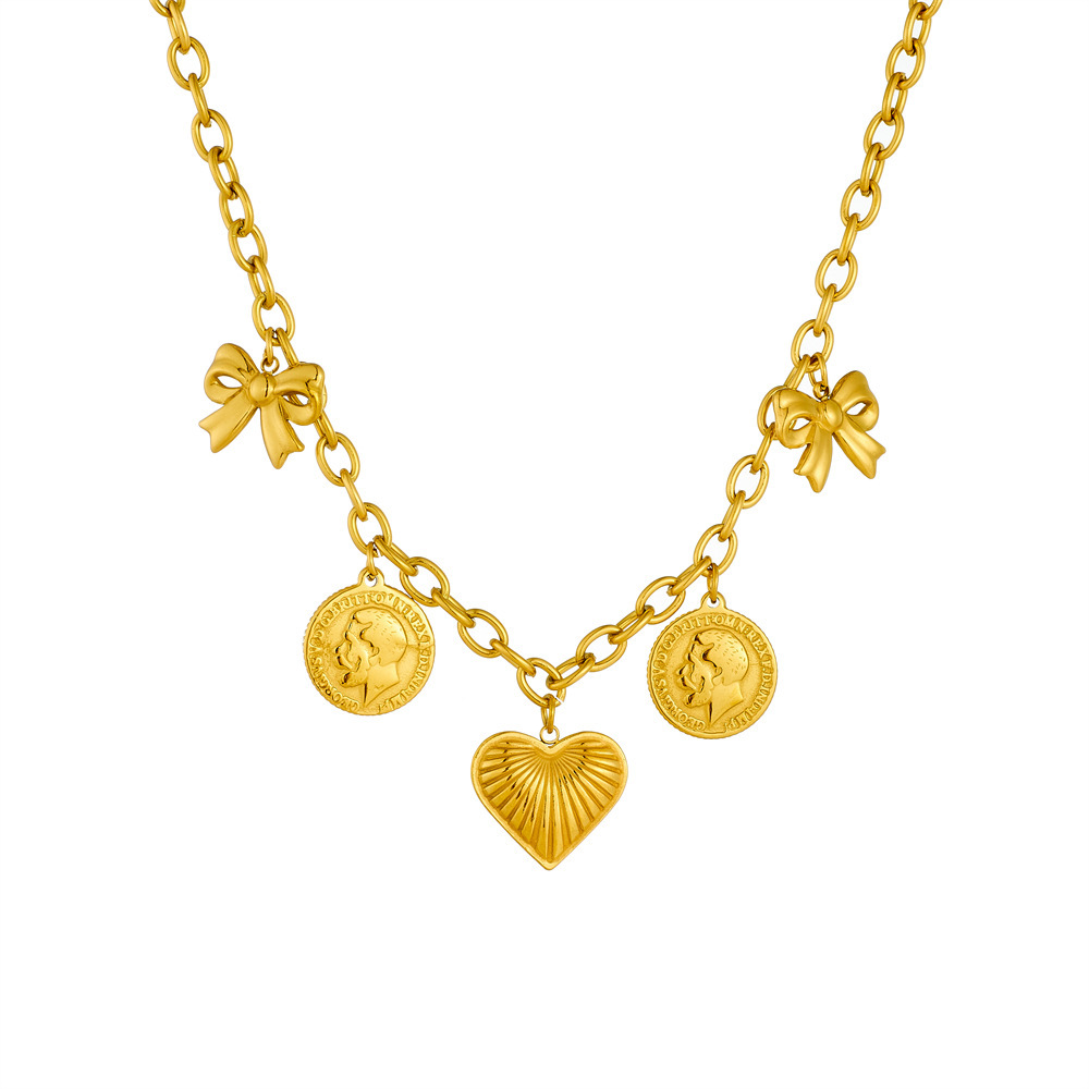 European and American retro gold-plated heavy-duty O-chain stainless steel portrait round pendant bow heart chain necklace