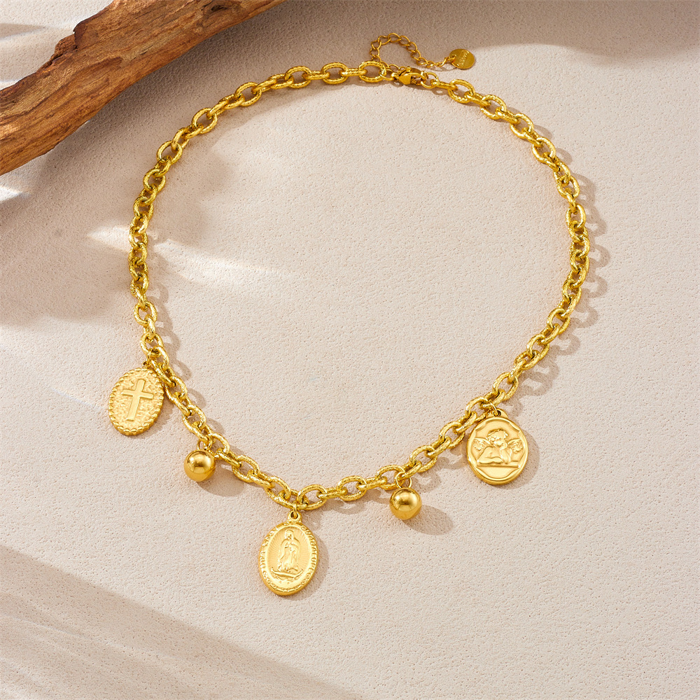 Cross-border fashion gold-plated retro stainless steel oval portrait coin pendant chain jewelry set