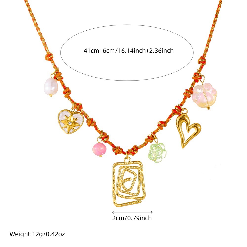 New cross-border summer square wrapped hollow heart flower dog paw pendant accessories DIY colored rope knotted necklace