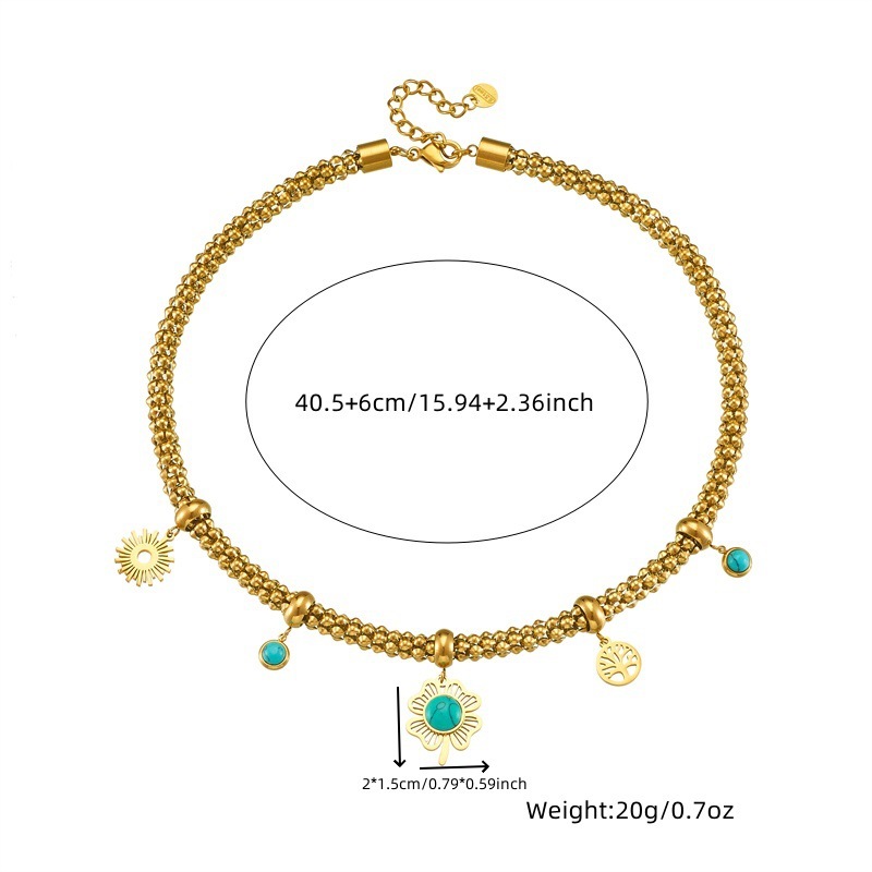 European and American style, retro and high-end, blue turquoise four-leaf clover tree of life round pendant earring necklace set