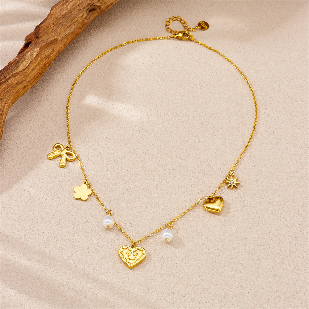 Korean style, fashionable and simple design, multi-element accessories, stainless steel heart crown bow pearl chain necklace