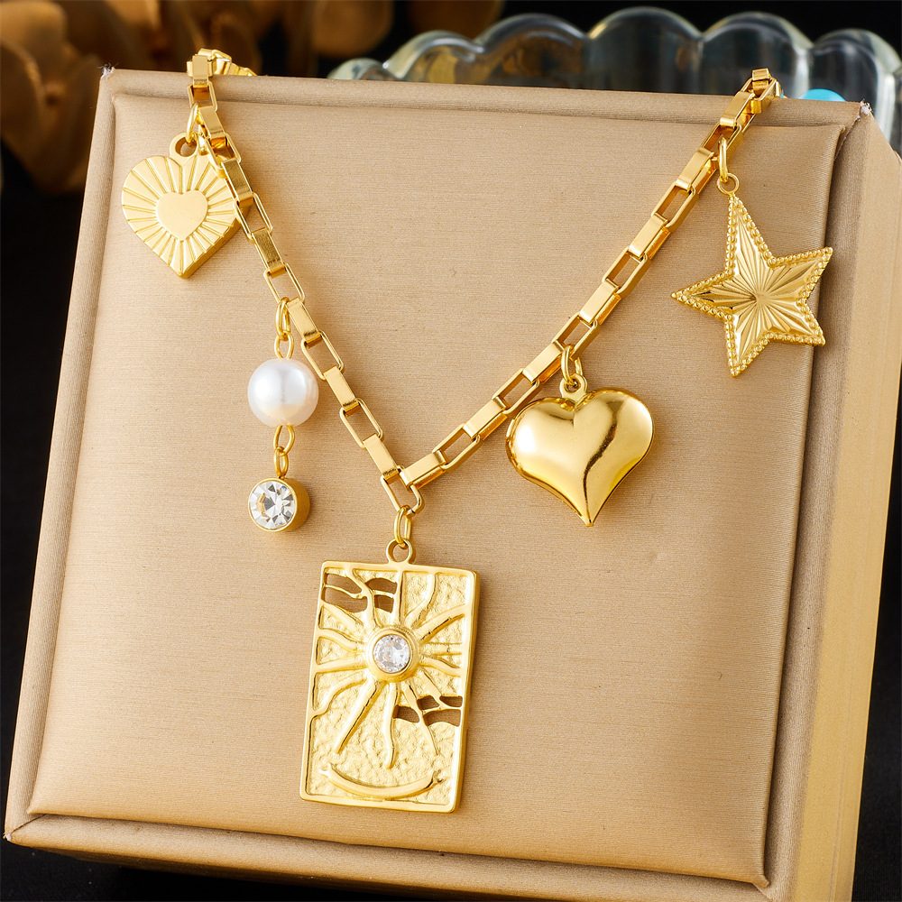 European and American cross-border multi-element gold-plated accessories pendant stainless steel square sun heart five-pointed star eye necklace