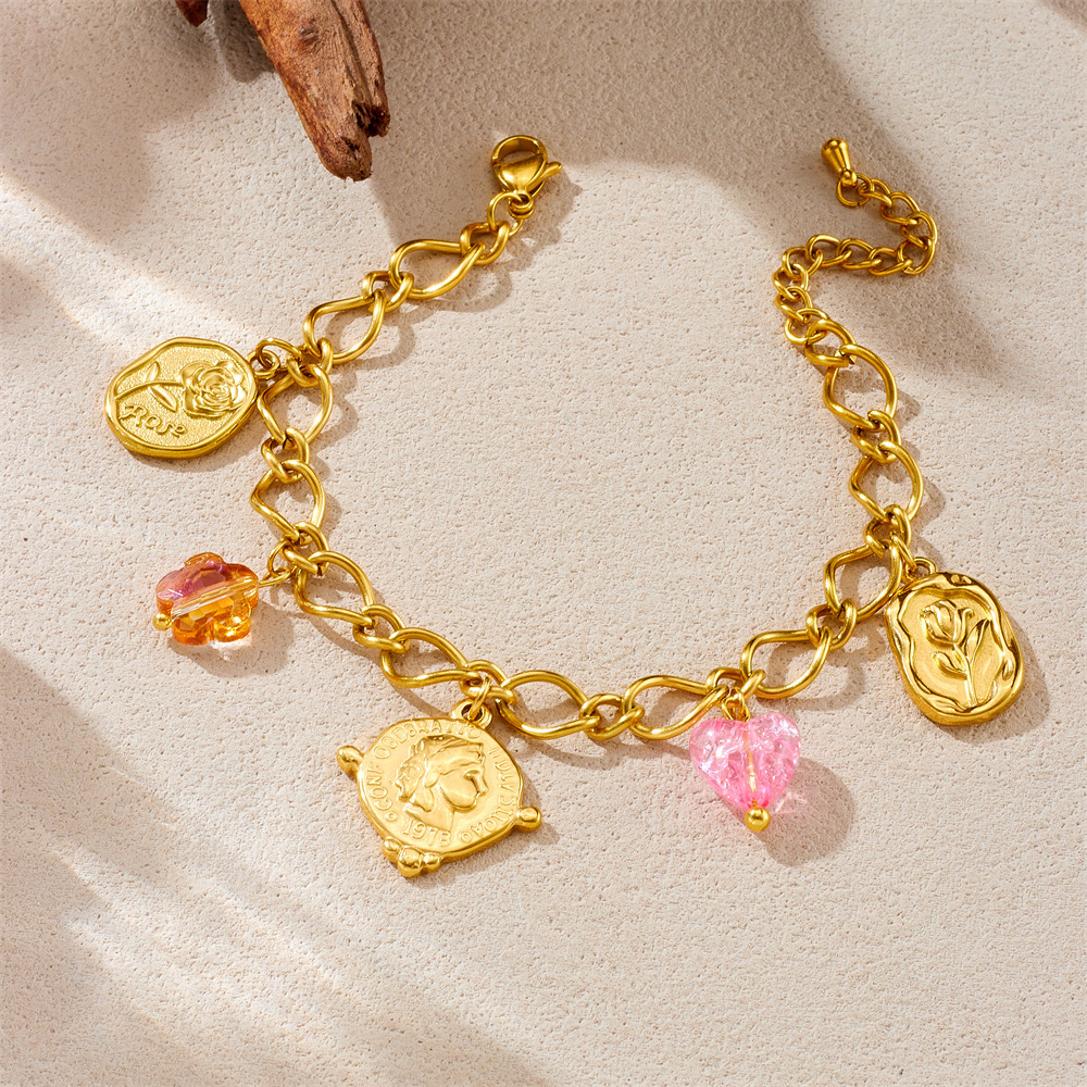 European and American style summer new fashionable and versatile stainless steel jewelry for women, round rose portrait pendant bracelet.