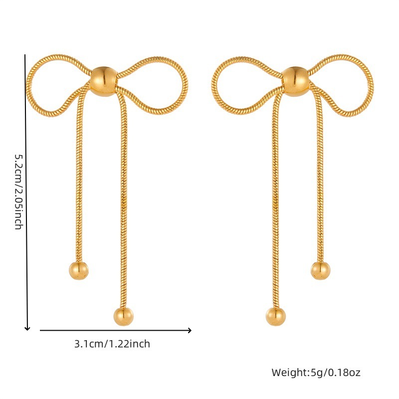 Korean style, elegant, simple, fashionable, versatile, gold-plated stainless steel beaded bow chain earrings