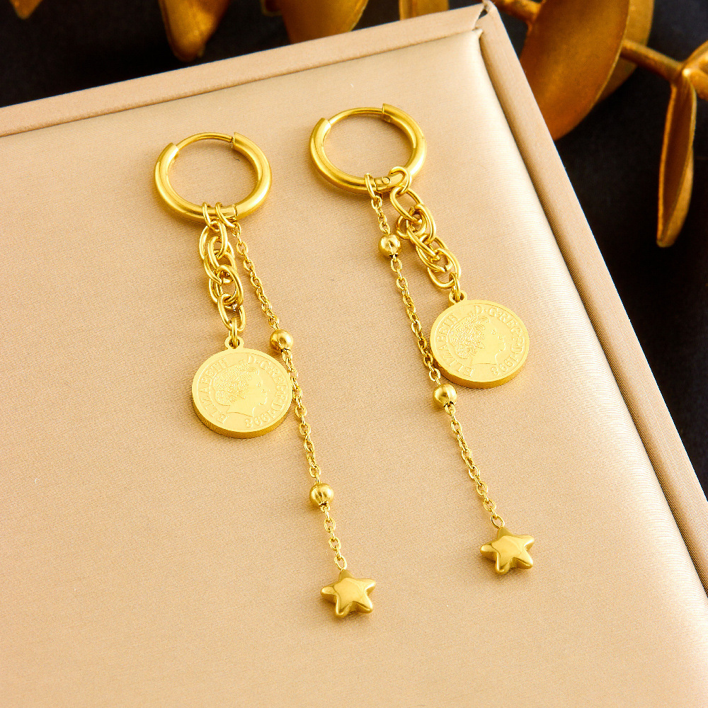 European and American style retro unisex gold-plated stainless steel coin, round, star pendant, tassel earrings, necklace, bracelet