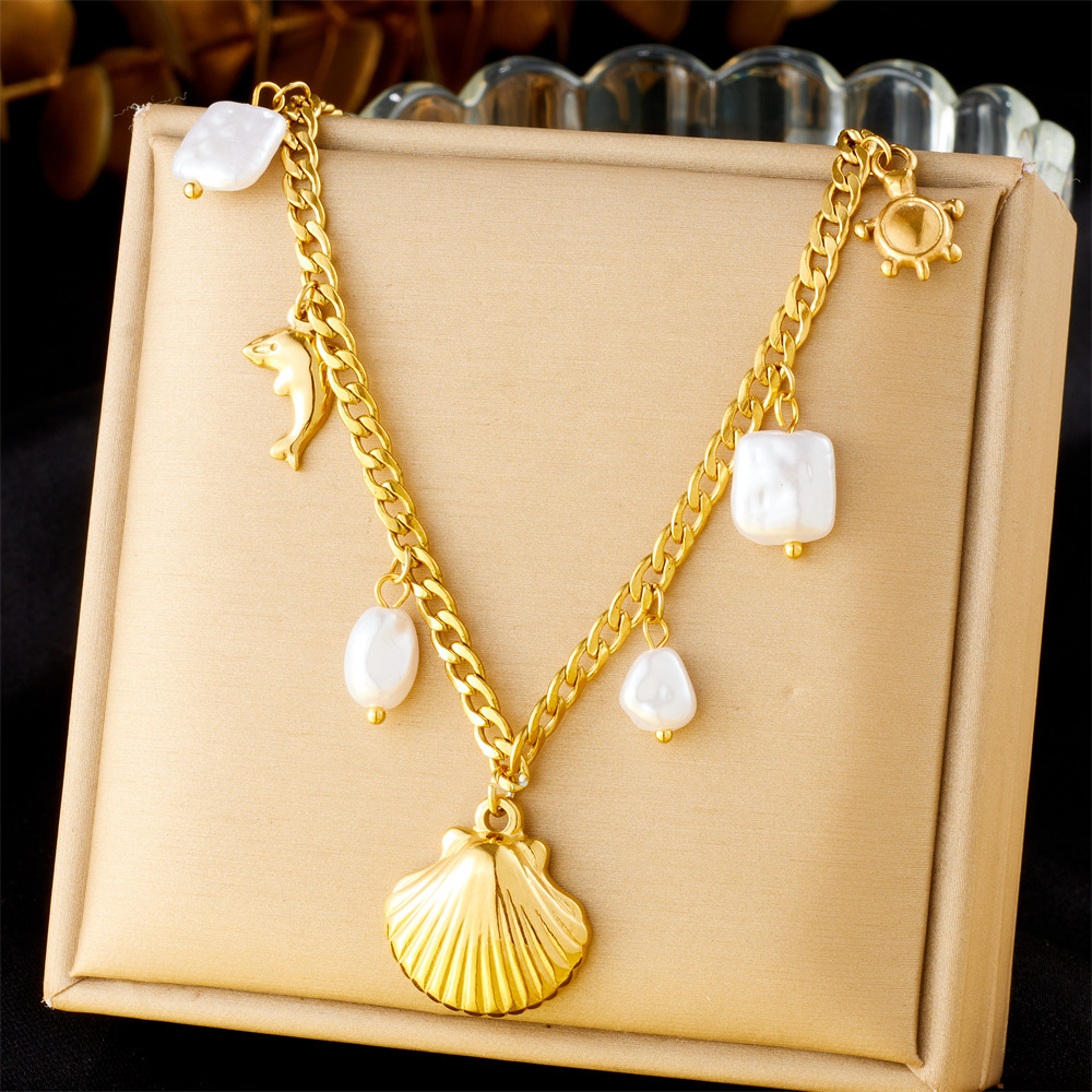 European and American cross-border stainless steel gold-plated seashell dolphin turtle pearl square pendant chain ocean series necklace