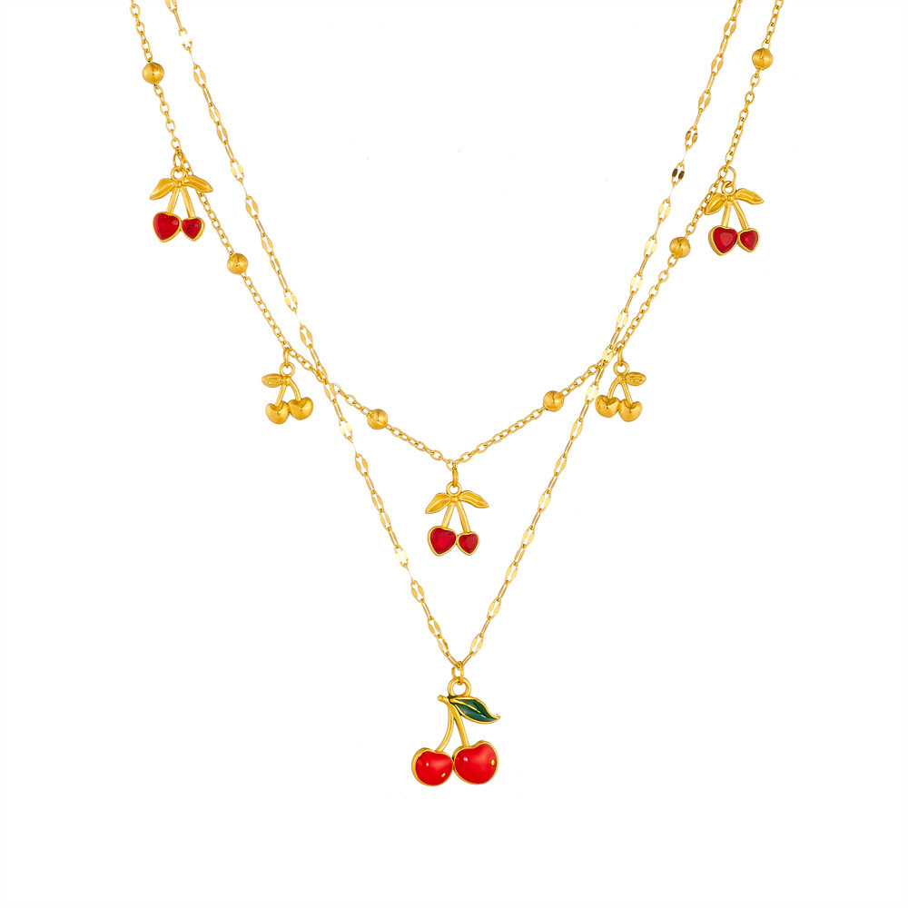 Cross-border fashion diamond-encrusted cherry fruit pendant, large and small, stackable chain, stainless steel gold-plated jewelry necklace