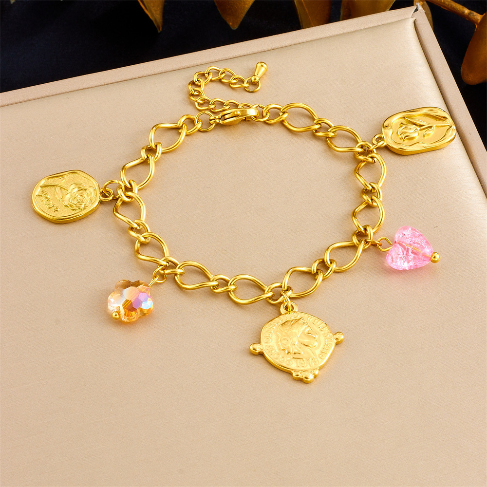 European and American style summer new fashionable and versatile stainless steel jewelry for women, round rose portrait pendant bracelet.