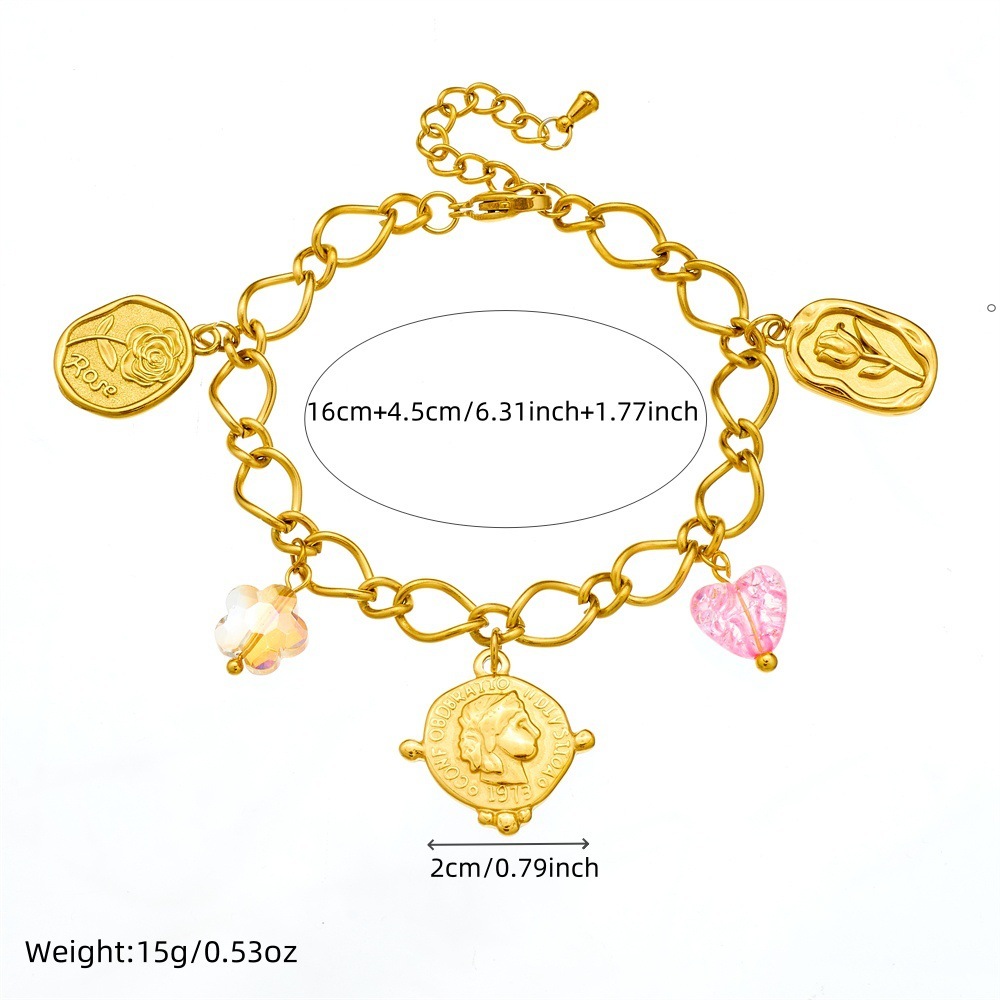 European and American style summer new fashionable and versatile stainless steel jewelry for women, round rose portrait pendant bracelet.