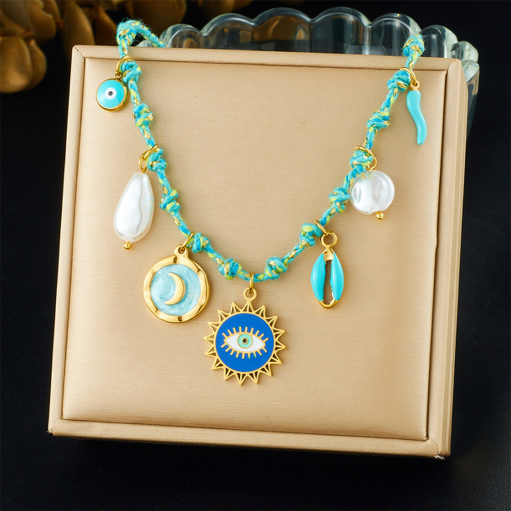 European and American trendy braided seashell moon drop stainless steel women's sun eye pendant necklace