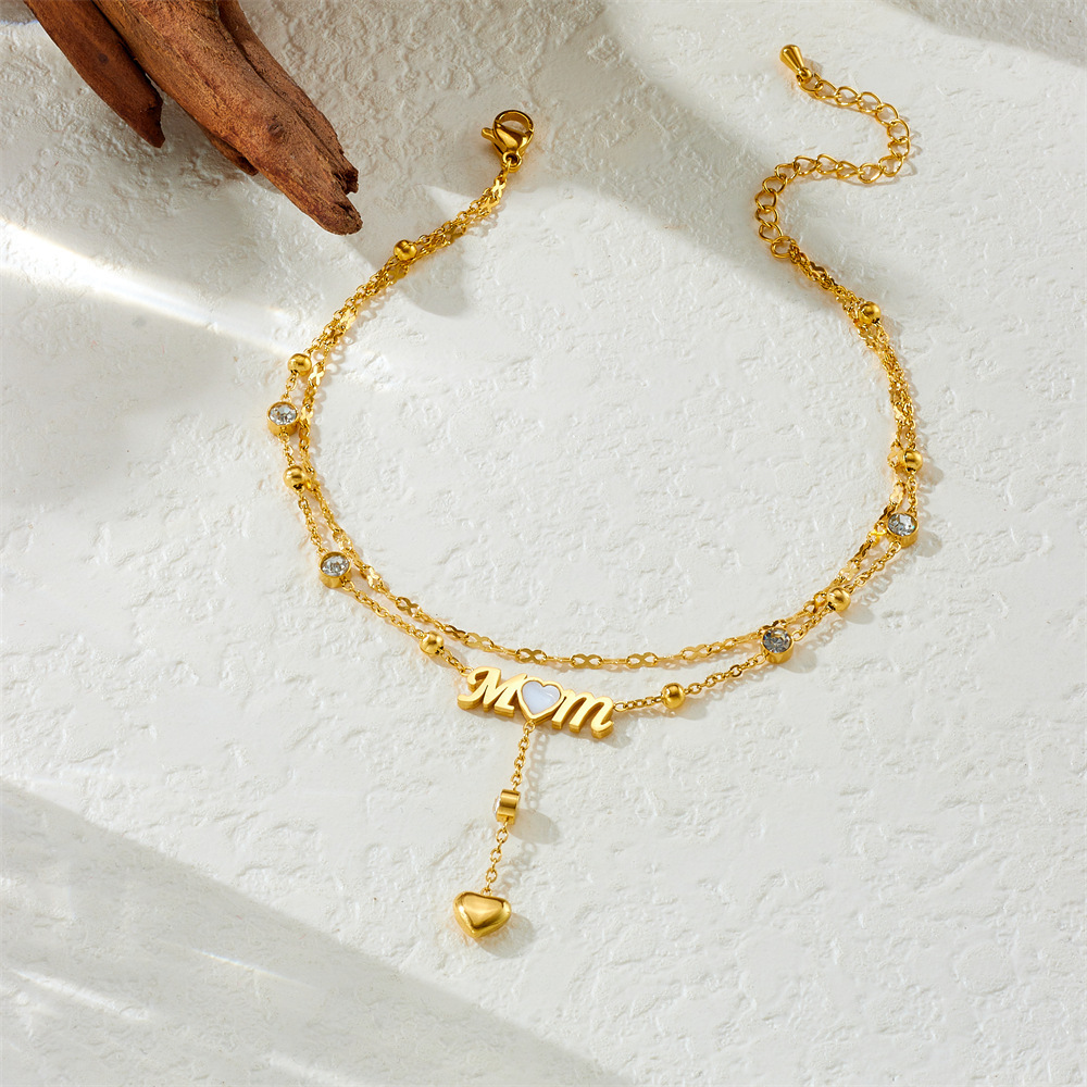 Korean style niche diamond-encrusted heart letter mom tassel chain stackable stainless steel jewelry gold-plated women's anklet