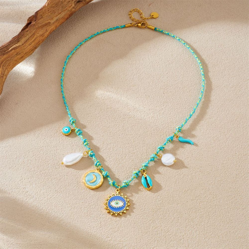 European and American trendy braided seashell moon drop stainless steel women's sun eye pendant necklace