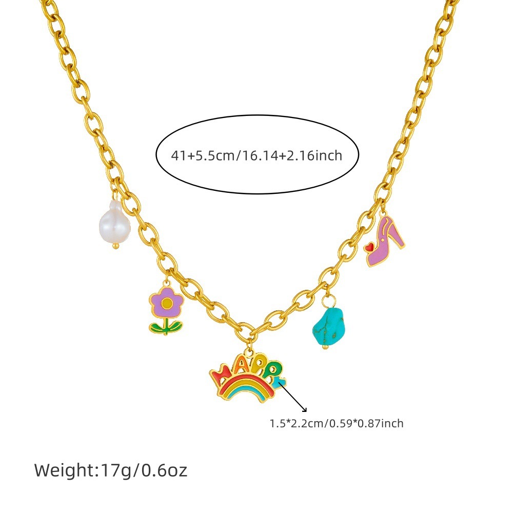 A unique and trendy cute cartoon-style jewelry set featuring a rainbow pendant with turquoise flowers and mixed elements.