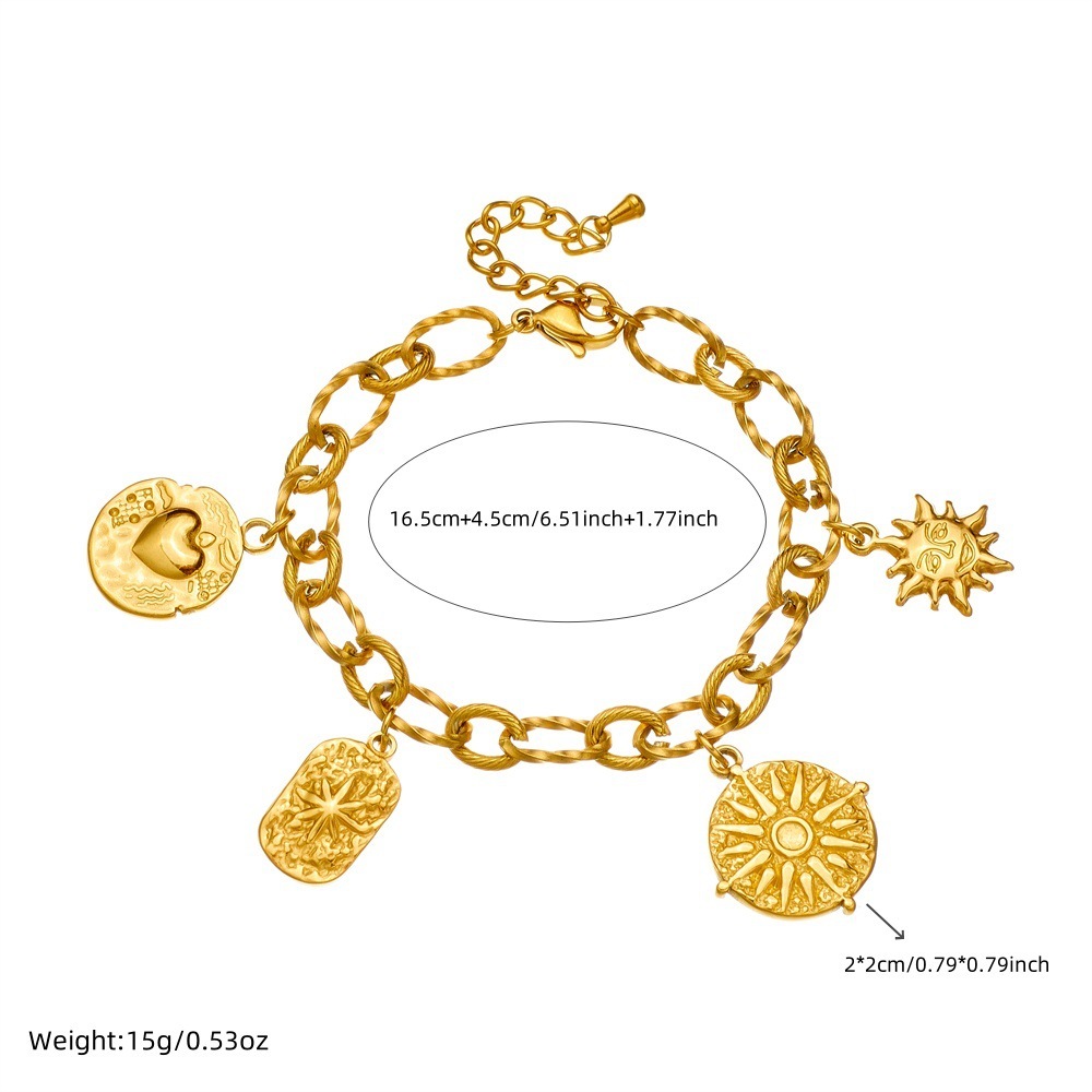 Cross-border fashion retro gold-plated round irregular sun heart pendant chain stainless steel bracelet
