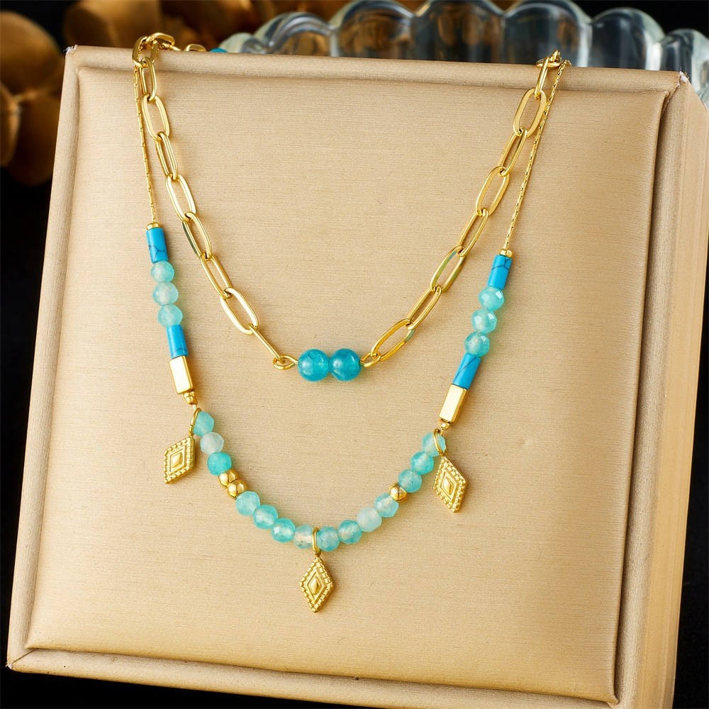Fashionable, cross-border retro South Asian style blue beaded stacked chain diamond-shaped accessories stainless steel O-shaped necklace