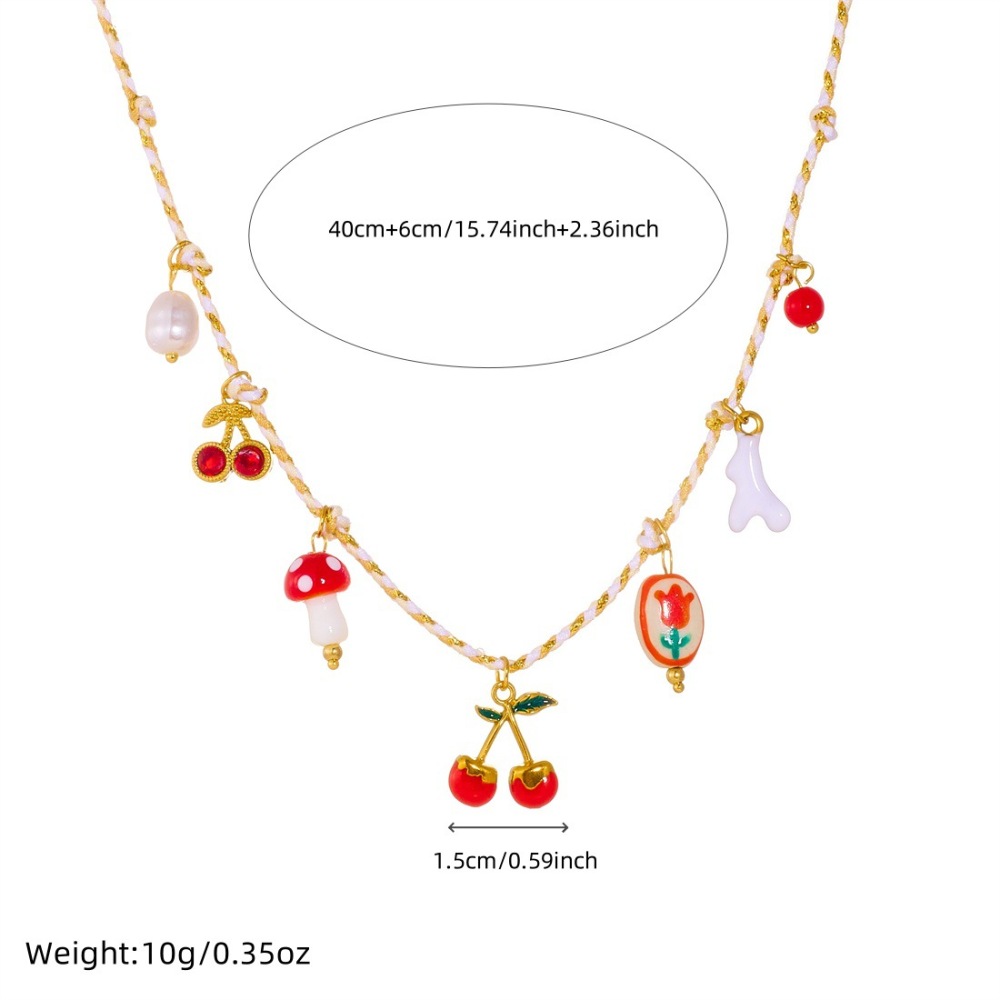 Cross-border fashion, fresh and sweet, multi-element gold-plated, oil-sprinkled, cherry blossom painted ceramic flower pendant, pastoral style necklace