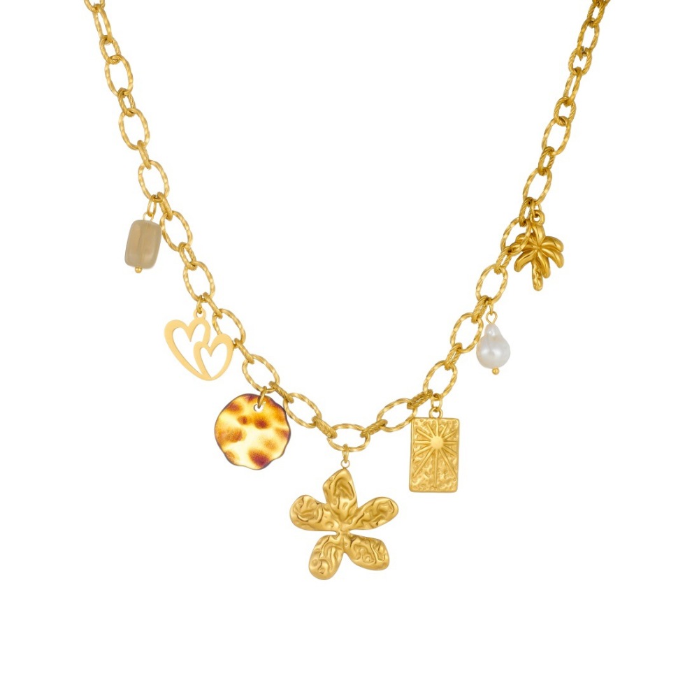 Cross-border Fashion Pastoral Retro Multi-element DIY Gold-plated Stainless Steel Pendant Hollow Heart Flower Leopard Print Necklace