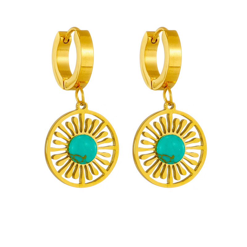 European and American retro fashion high-end niche minimalist titanium steel hollow turquoise circle pendant jewelry versatile earrings