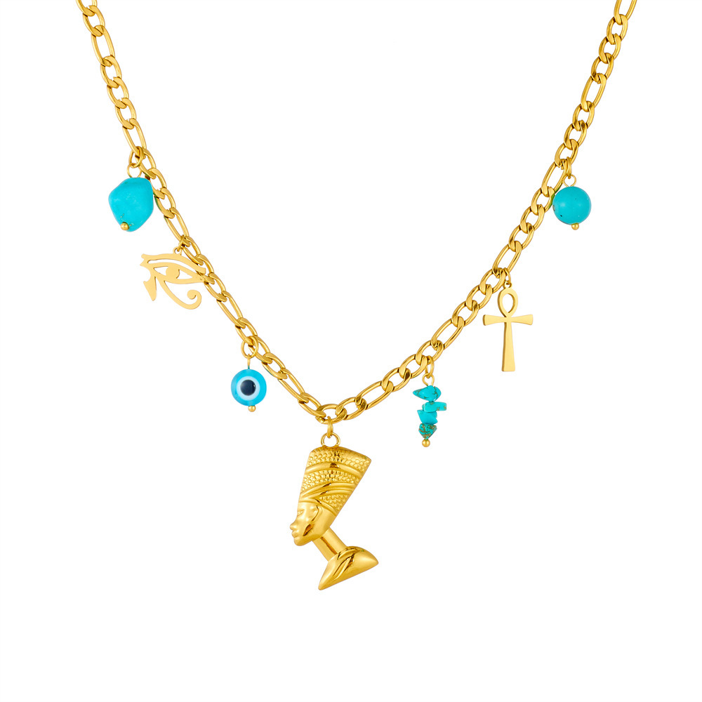 European and American cross-border creative personalized blue eyes cross cross portrait head gold-plated pendant stainless steel chain necklace