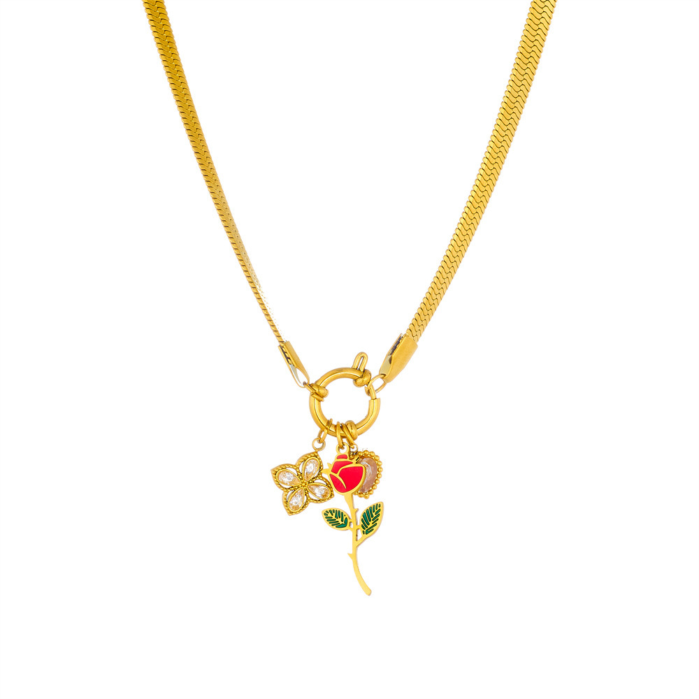 Fashionable retro gold-plated snake bone chain with dripping rose and diamond-encrusted square pendant, round spring clasp stainless steel necklace.