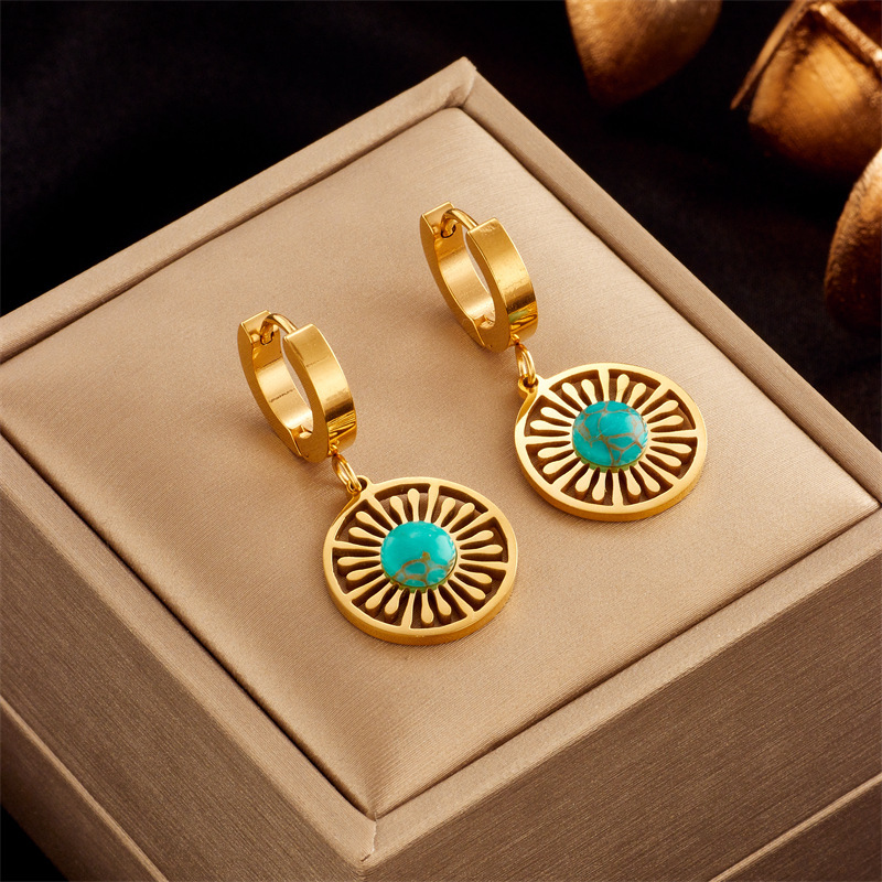 European and American retro fashion high-end niche minimalist titanium steel hollow turquoise circle pendant jewelry versatile earrings