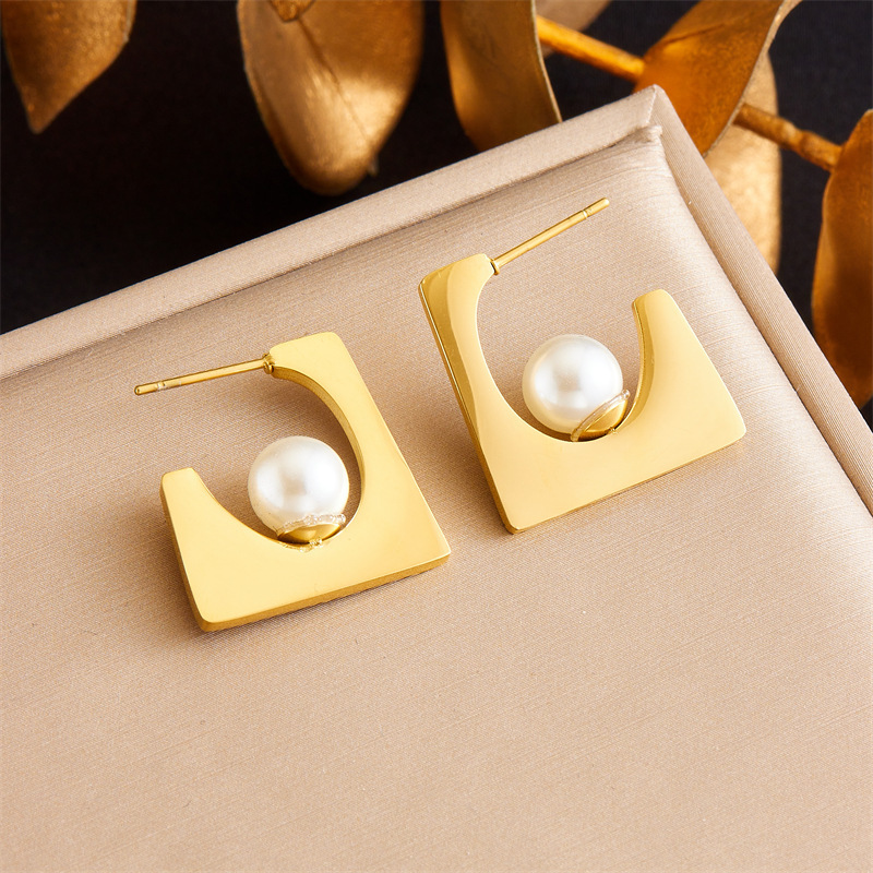 European and American cross-border fashion retro irregular geometric pearl square gold-plated stainless steel jewelry earrings