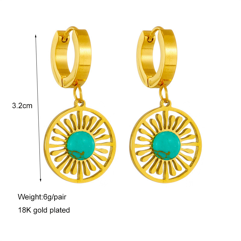 European and American retro fashion high-end niche minimalist titanium steel hollow turquoise circle pendant jewelry versatile earrings