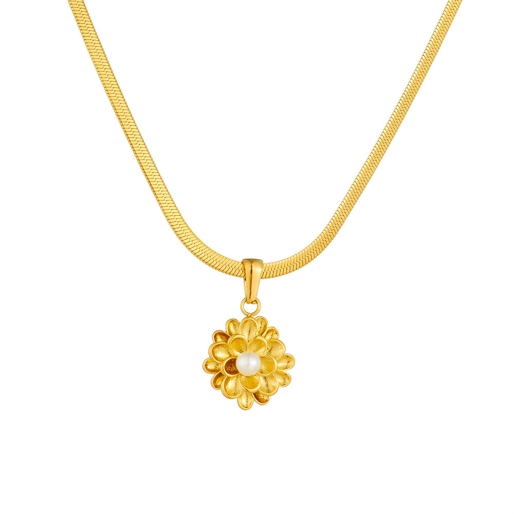 Stylish, retro-inspired, minimalist gold-plated 3D lotus pearl pendant stainless steel chain necklace.