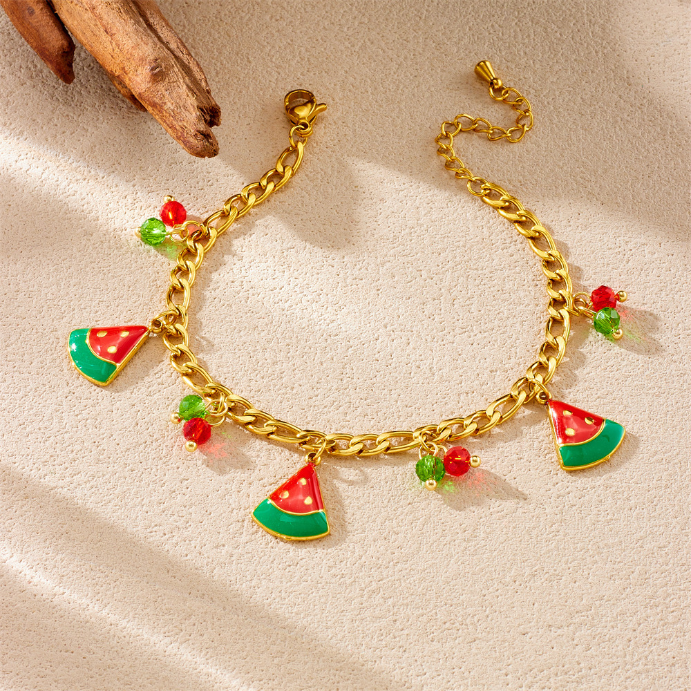Fashionable Summer Fresh and Sweet Red Oil-Drip Fruit Series Strawberry Cherry Watermelon Three-in-One Stainless Steel Bracelet