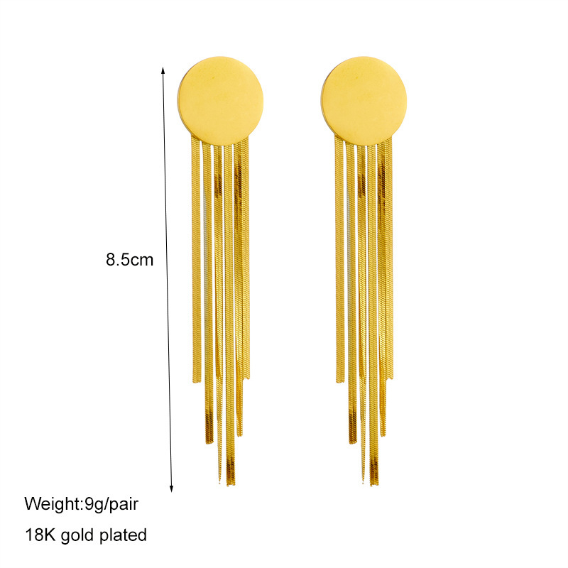 European and American style minimalist titanium steel metal round tassel earrings with irregular shape, high-end and fashionable design.