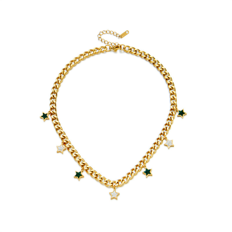 European and American cross-border fashion retro versatile titanium steel chunky chain multi-color diamond-encrusted five-pointed star pendant necklace