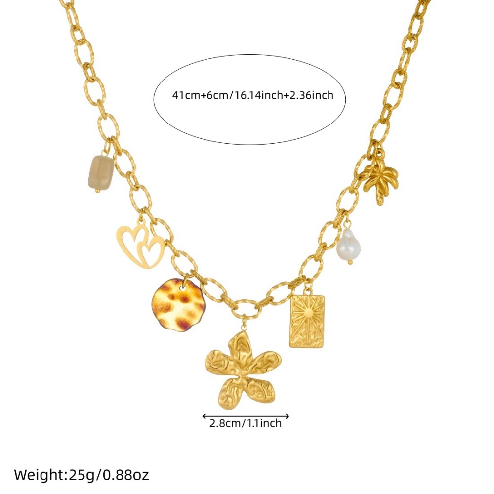 Cross-border Fashion Pastoral Retro Multi-element DIY Gold-plated Stainless Steel Pendant Hollow Heart Flower Leopard Print Necklace