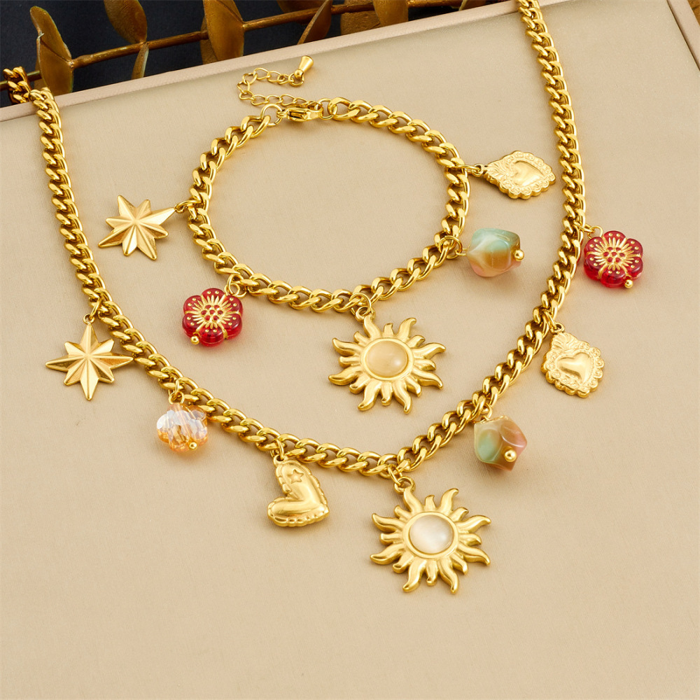 New cross-border gold-plated retro sun eight-pointed star geometric color-blocked acrylic beaded and printed jewelry set