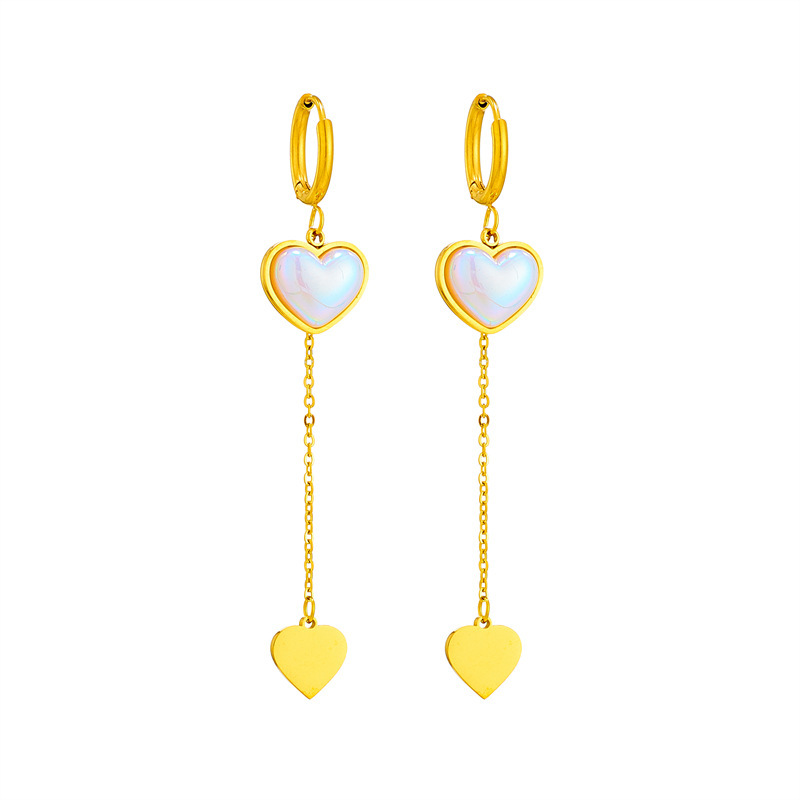 Korean style, fashionable, simple, unique, versatile, long chain pearl heart pendant titanium steel earrings