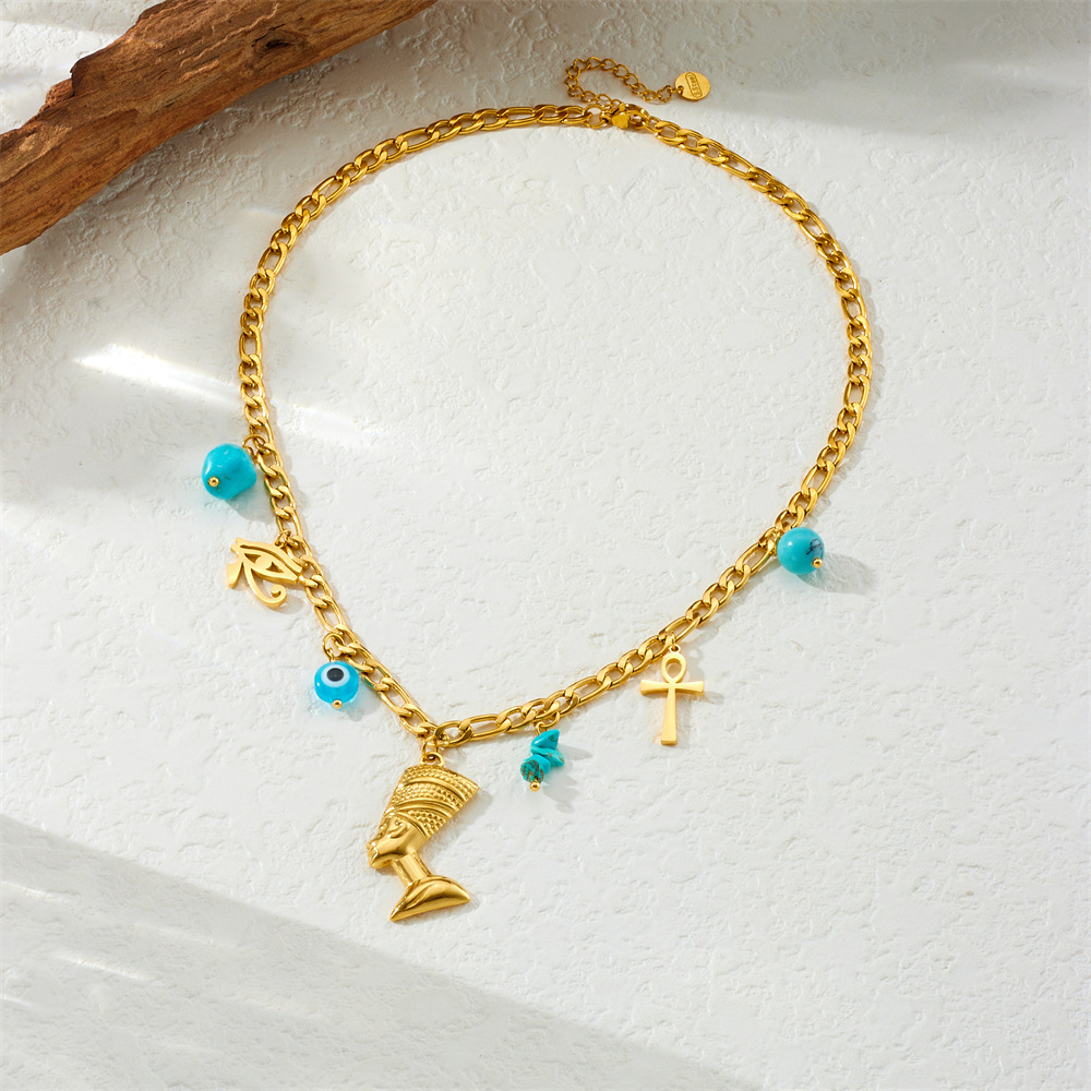 European and American cross-border creative personalized blue eyes cross cross portrait head gold-plated pendant stainless steel chain necklace