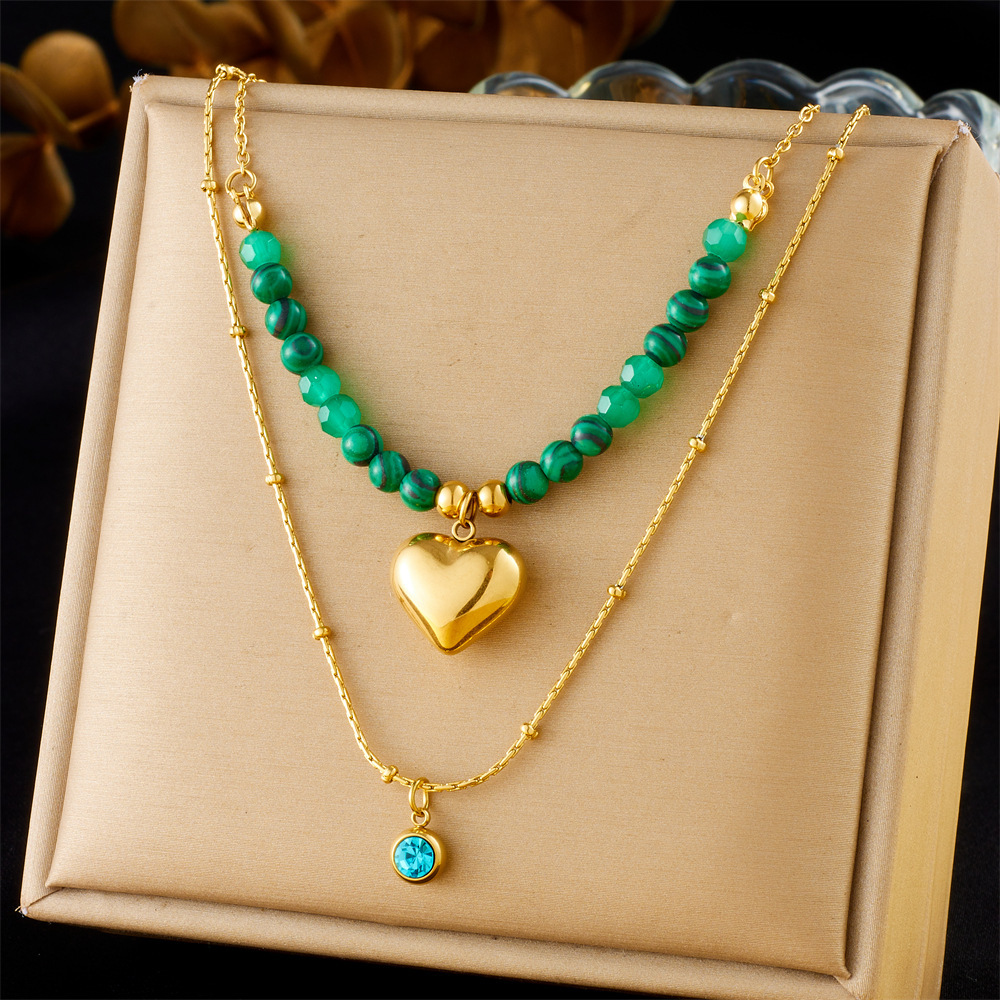 French-style niche, artistic, retro malachite beaded emerald geometric square pendant, double-layered heart necklace