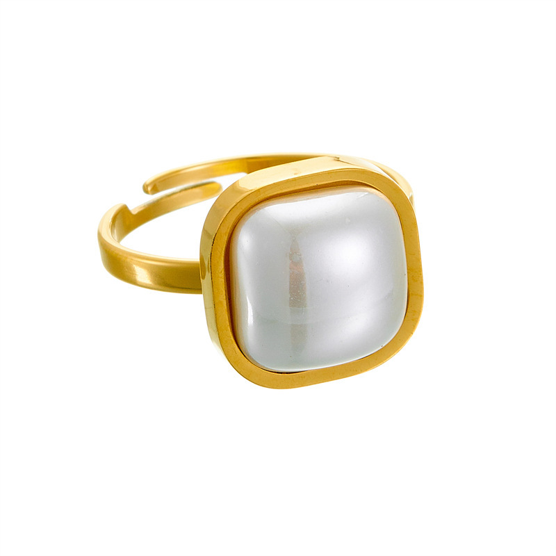 Fashionable retro minimalist design pearl square quadrilateral accessory open stainless steel ring