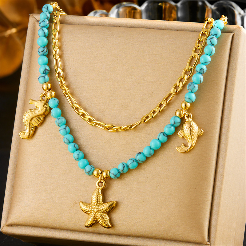 European and American cross-border retro ocean style gold-plated seahorse, carp, starfish stainless steel pendant turquoise beaded chain necklace