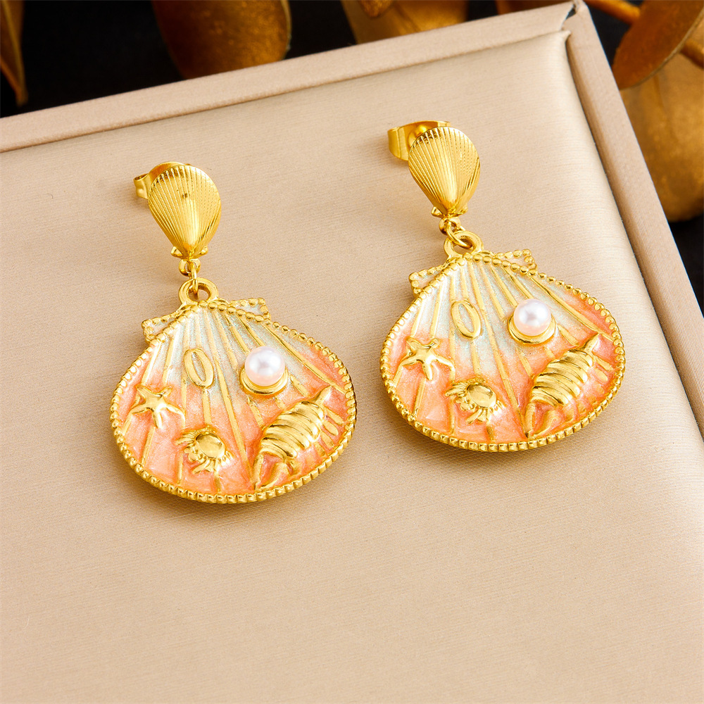 Fashionable cartoon cute ocean-themed gradient oil drop scallop and starfish shell pendant stainless steel short earrings for women