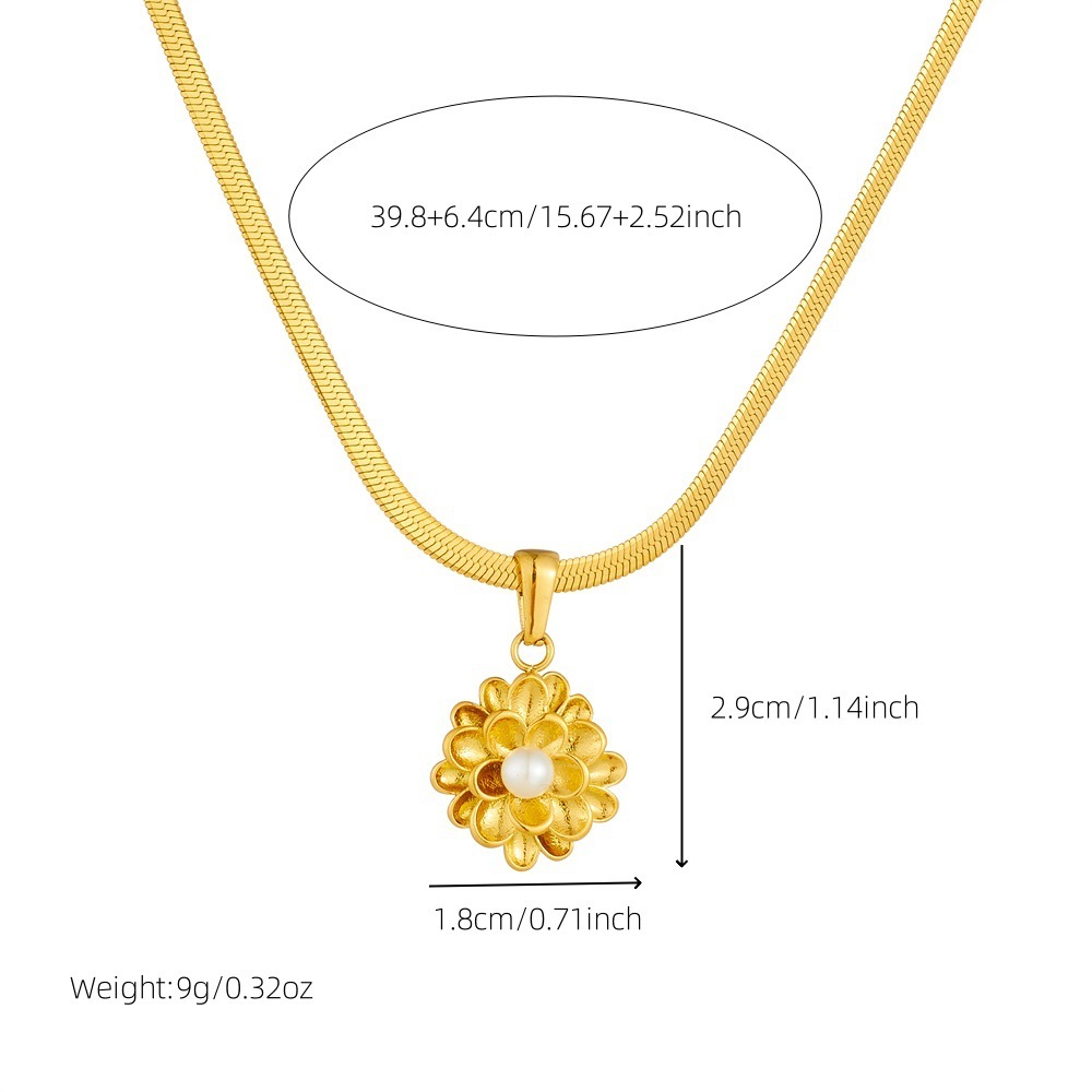 Stylish, retro-inspired, minimalist gold-plated 3D lotus pearl pendant stainless steel chain necklace.