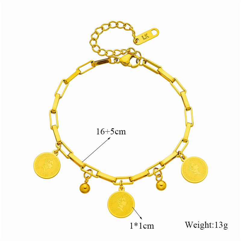 New European and American cross-border titanium steel retro metal queen head round pendant chain jewelry bracelet