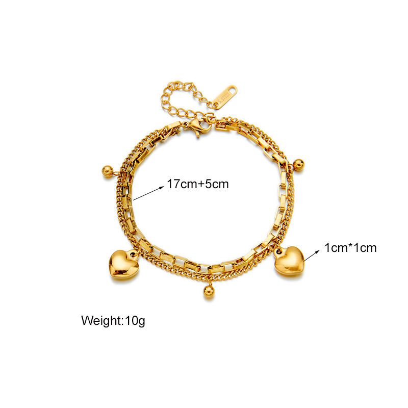 Korean style trendy minimalist punk hip-hop retro double-layer heart bead titanium steel pendant chain bracelet
