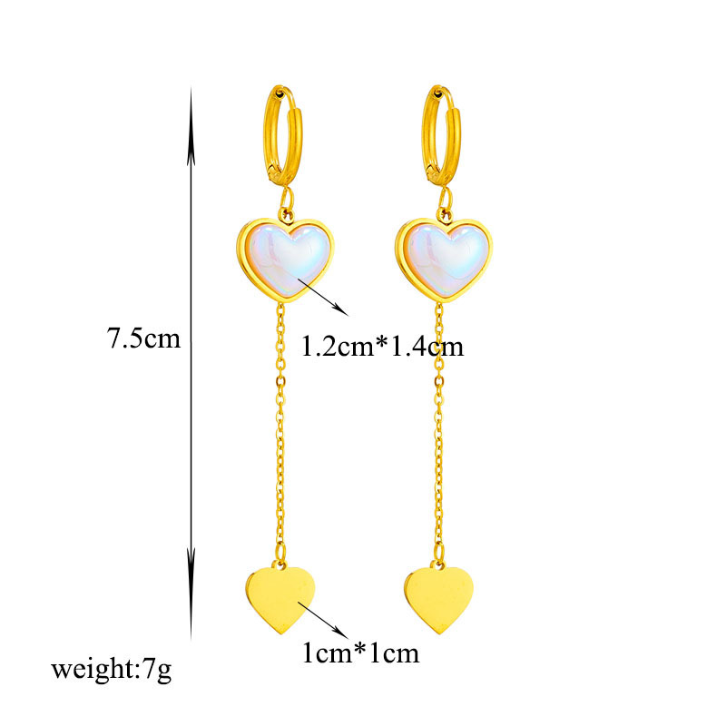 Korean style, fashionable, simple, unique, versatile, long chain pearl heart pendant titanium steel earrings