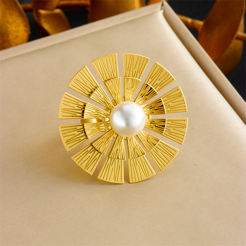 European and American style exaggerated light luxury high-end stainless steel gold-plated flower inlaid pearl jewelry set