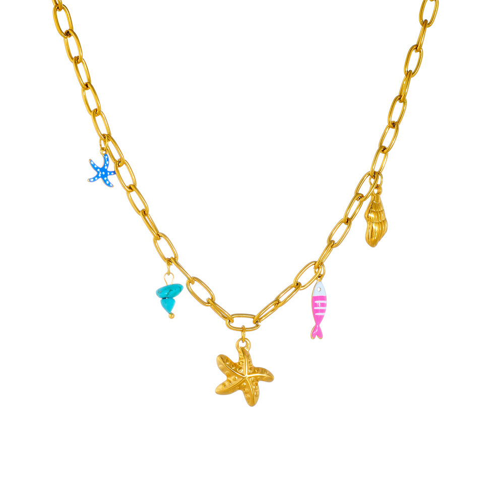 New cross-border fashion multi-element pendant necklace featuring marine life, conch, oil droplets, striped fish, polka dot starfish.