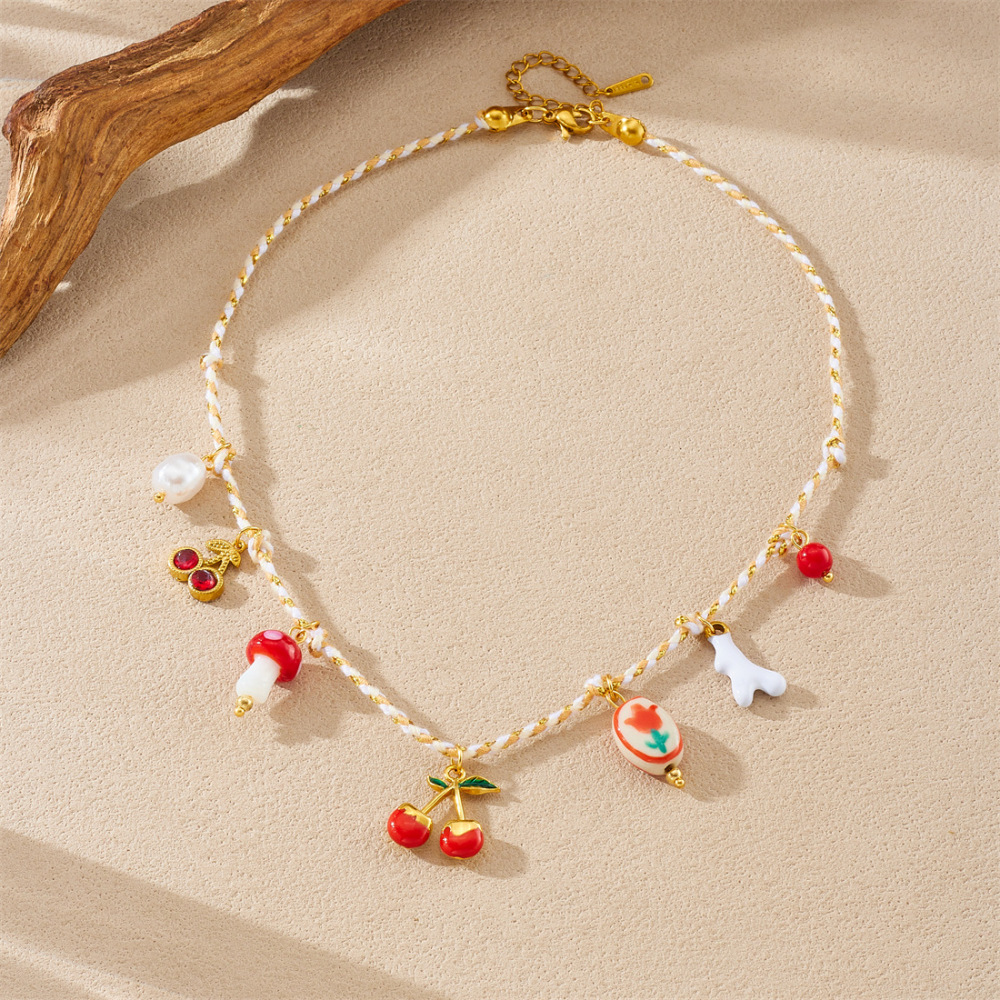 Cross-border fashion, fresh and sweet, multi-element gold-plated, oil-sprinkled, cherry blossom painted ceramic flower pendant, pastoral style necklace